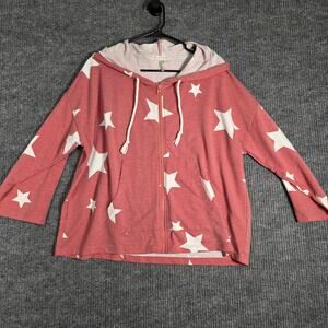 Live Well Star Print Hoodie Womens XL Pink Zip Up Lightweight Lounge Sweatshirt